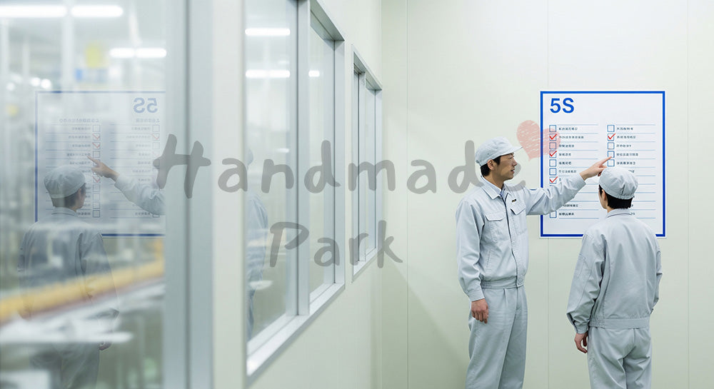 フリー素材 無料 写真|クリーン通路で5Sチェック表を確認する日本人現場リーダーと作業員 背景素材