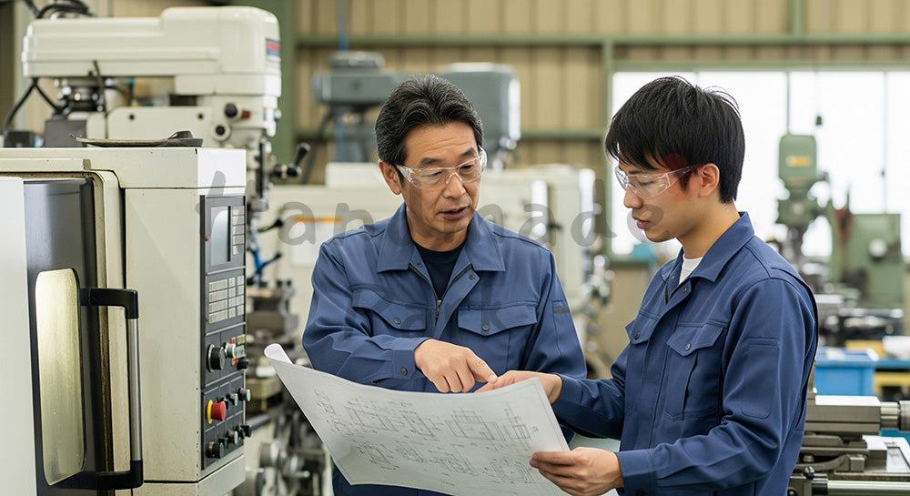 フリー素材 無料 写真|町工場の機械前で図面を見ながら相談する日本人ベテラン作業員と若手