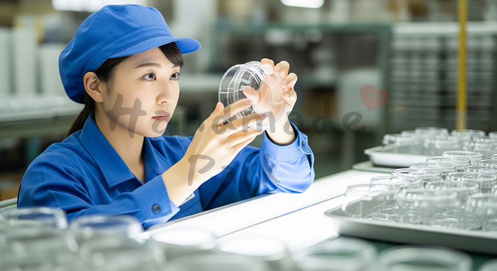 フリー素材 無料 写真|照明付き検査台で透明容器の外観チェックをする日本人女性作業員 背景素材