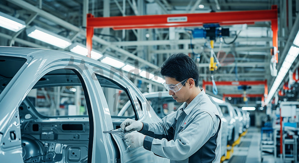 フリー素材 無料 写真|自動車組立ラインでドア隙間をゲージ測定する日本人作業員 余白あり