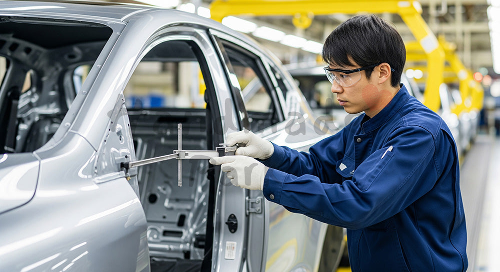 フリー素材 無料 写真|自動車組立ラインでドア隙間をゲージ測定する日本人作業員 写真背景