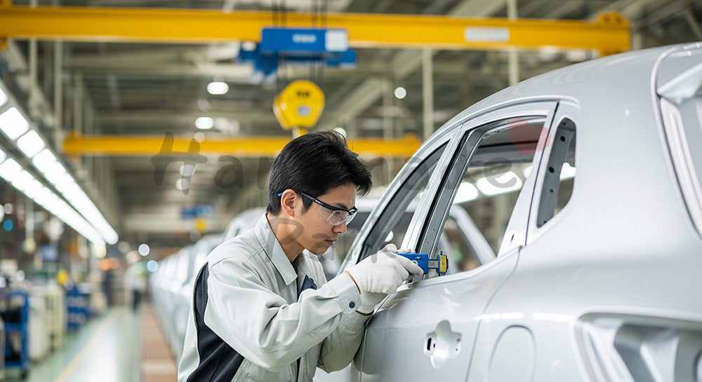 フリー素材 無料 写真|自動車組立ラインでドア隙間をゲージ測定する日本人作業員