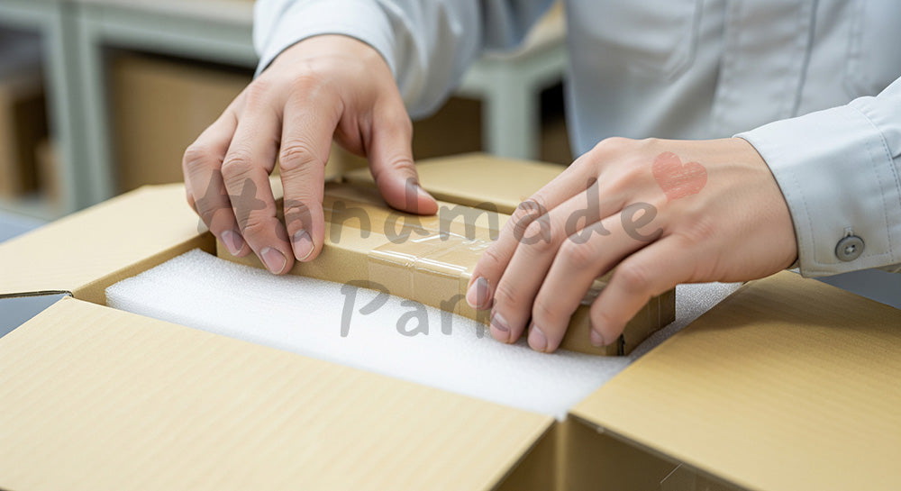 フリー素材 無料 写真|段ボールに緩衝材と製品を詰めて封をする日本人梱包作業員の手元 余白あり