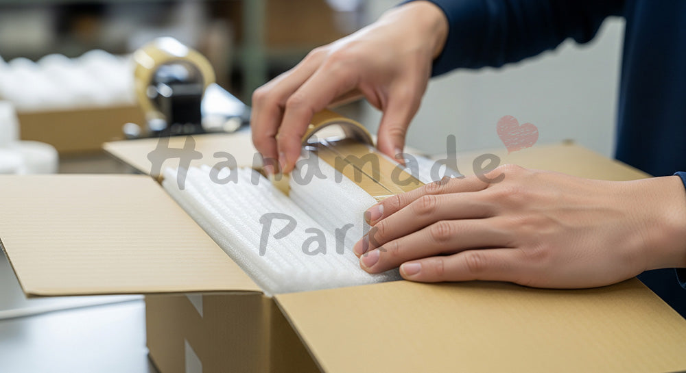 フリー素材 無料 写真|段ボールに緩衝材と製品を詰めて封をする日本人梱包作業員の手元