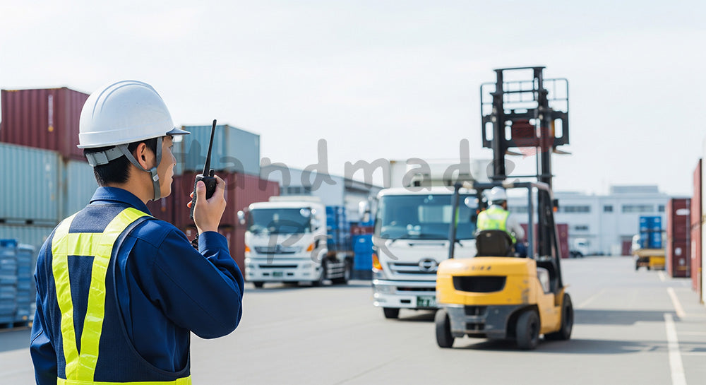 フリー素材 無料 写真|屋外ヤードで無線機を使いながら車両の動きを確認する日本人工場作業員 余白あり