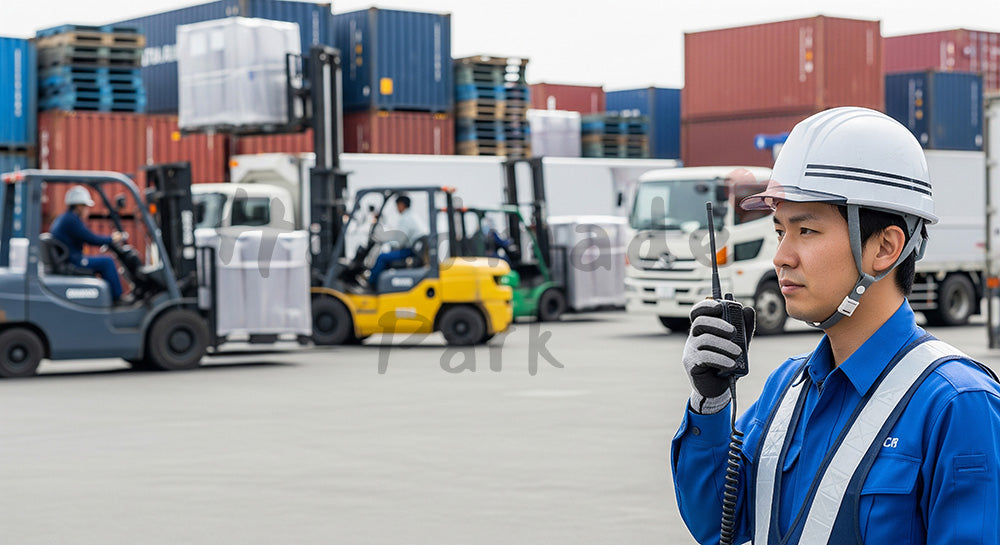 フリー素材 無料 写真|屋外ヤードで無線機を使いながら車両の動きを確認する日本人工場作業員 写真背景