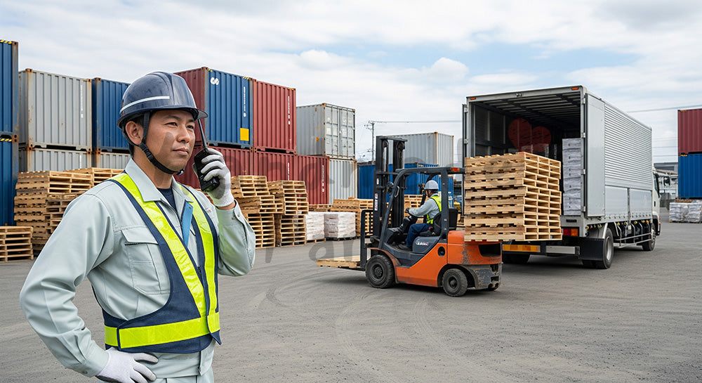 フリー素材 無料 写真|屋外ヤードで無線機を使いながら車両の動きを確認する日本人工場作業員 背景素材