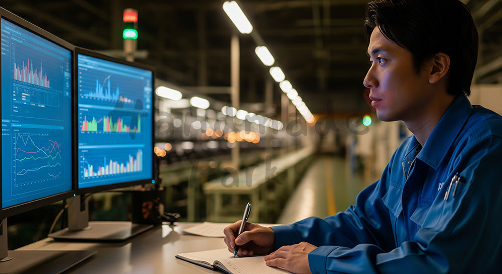 フリー素材 無料 写真|夜勤帯にライン稼働状況のグラフをモニターで確認しノートに記録する日本人作業員 背景素材