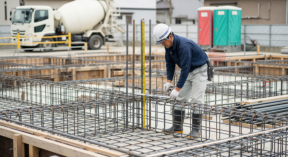 フリー素材 無料 写真|住宅基礎の配筋ピッチをスケールで測定する日本人作業員 バックグラウンド素材 背景素材