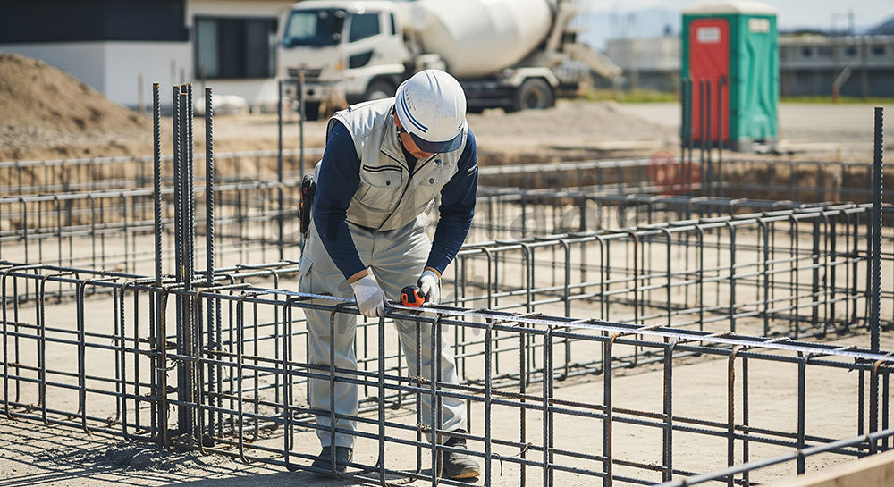 フリー素材 無料 写真|住宅基礎の配筋ピッチをスケールで測定する日本人作業員 余白あり
