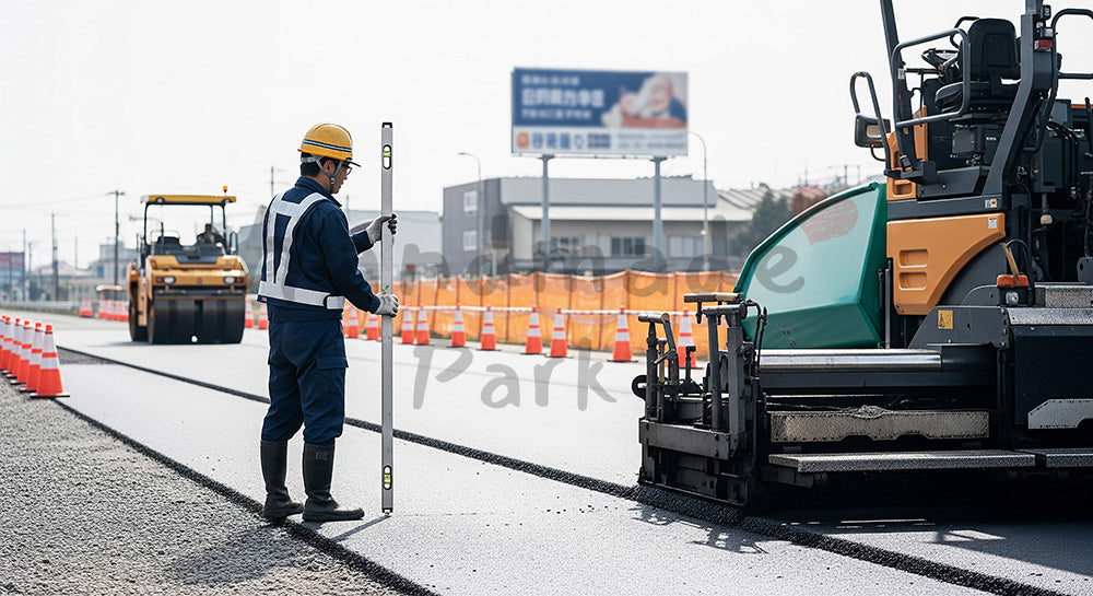 フリー素材 無料 写真|レベル棒で路面高さを確認する日本人道路工事作業員