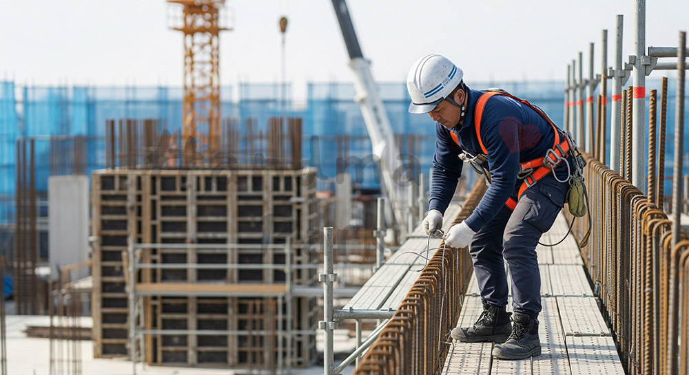 フリー素材 無料 写真|足場上で鉄筋を結束する日本人鉄筋工