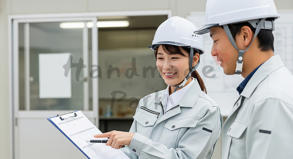 フリー素材 無料 写真|仮設事務所前で工程表を見ながら打ち合わせをする日本人女性施工管理者と作業員 余白あり