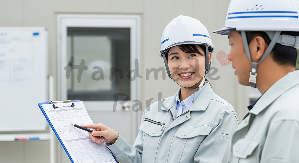 フリー素材 無料 写真|仮設事務所前で工程表を見ながら打ち合わせをする日本人女性施工管理者と作業員 写真背景