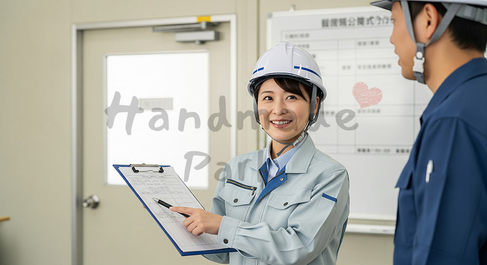 フリー素材 無料 写真|仮設事務所前で工程表を見ながら打ち合わせをする日本人女性施工管理者と作業員 背景素材