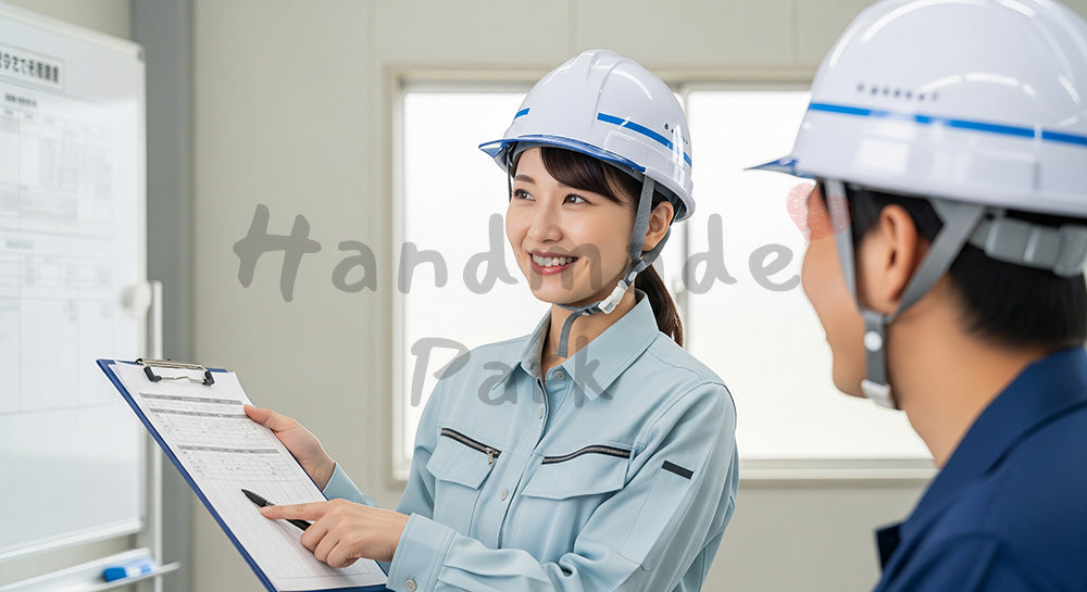 フリー素材 無料 写真|仮設事務所前で工程表を見ながら打ち合わせをする日本人女性施工管理者と作業員