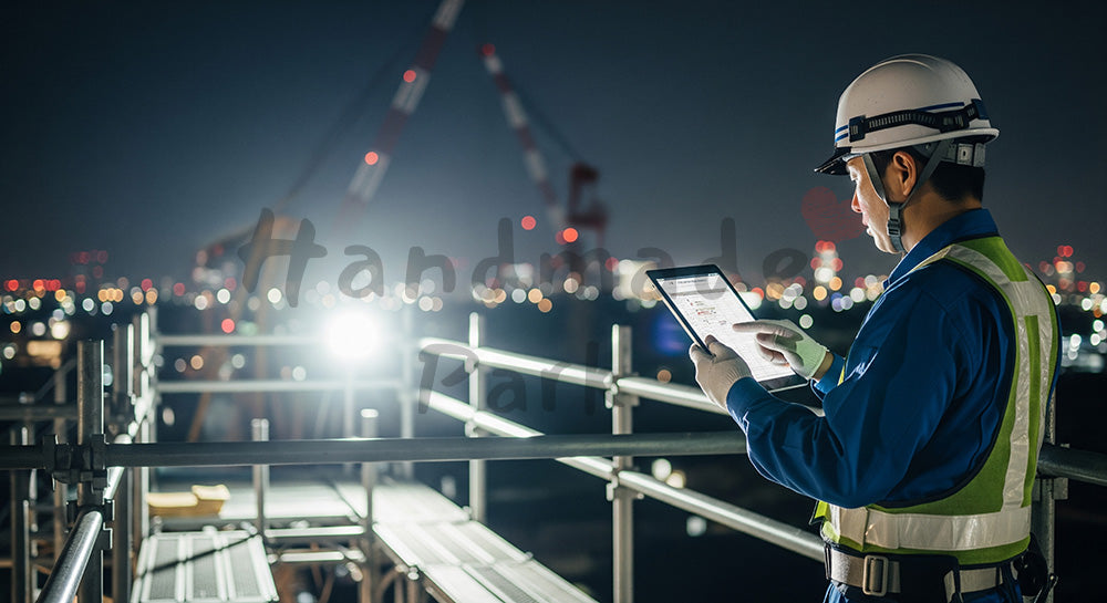 フリー素材 無料 写真|夜間の足場上でタブレットを使い工程と安全チェックを確認する日本人作業員 写真背景
