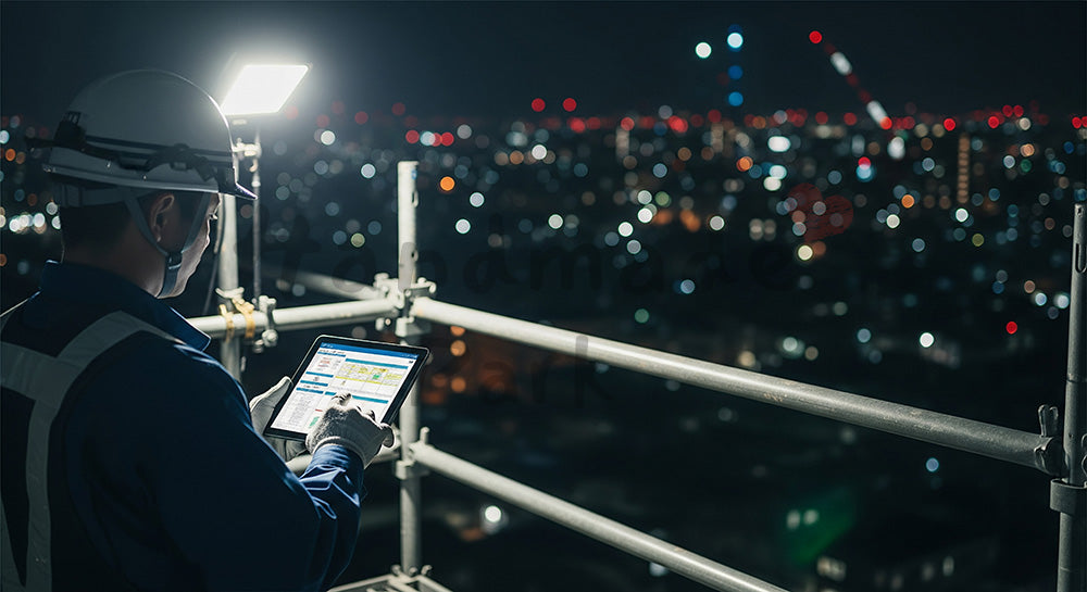 フリー素材 無料 写真|夜間の足場上でタブレットを使い工程と安全チェックを確認する日本人作業員