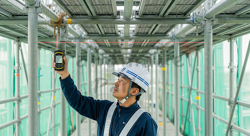 フリー素材 無料 写真|足場下でレーザー距離計を使い柱間寸法を測る日本人作業員 背景素材