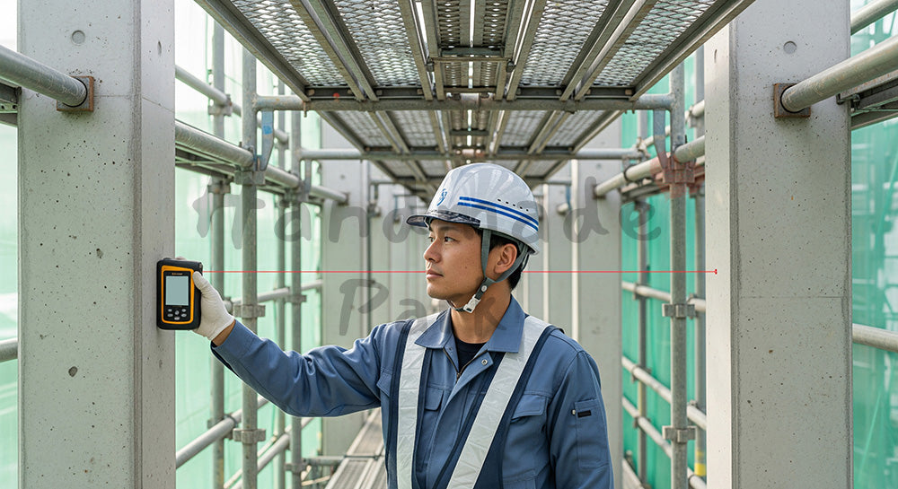 フリー素材 無料 写真|足場下でレーザー距離計を使い柱間寸法を測る日本人作業員
