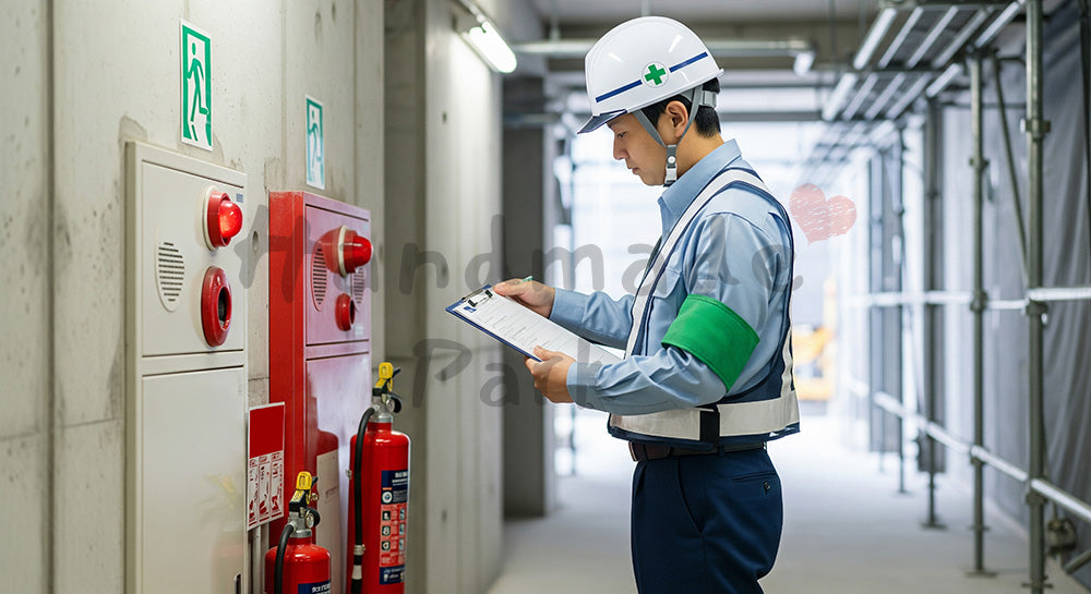 フリー素材 無料 写真|建設現場通路で消火器や非常口表示を点検する日本人安全担当者 写真背景