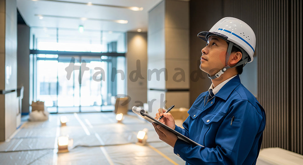 フリー素材 無料 写真|完成間近のエントランスホールを見上げながらチェックシートに記入する日本人現場監督 写真背景