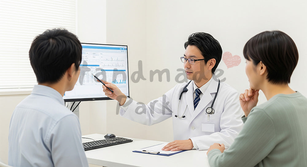 フリー素材 無料 写真|電子カルテ画面を指しながら患者に説明する日本人ドクター