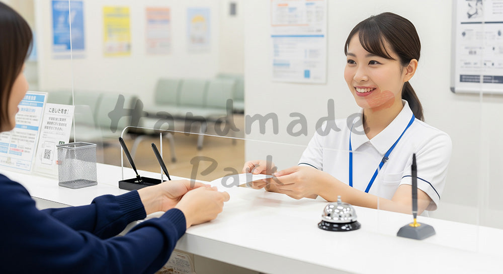 フリー素材 無料 写真|受付カウンターで患者に受付票を手渡す日本人医療事務スタッフ