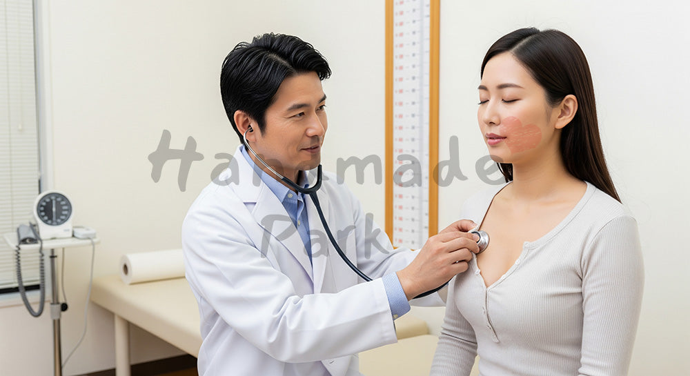 フリー素材 無料 写真|聴診器で呼吸音を確認する日本人ドクターと患者 余白あり