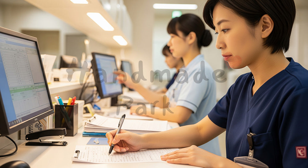 フリー素材 無料 写真|看護師ステーションで申し送りをする日本人看護師たち 背景素材