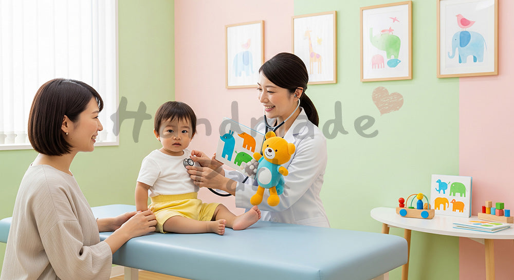 フリー素材 無料 写真|小児科診察室で幼児の緊張を和らげながら診察する日本人小児科医 余白あり