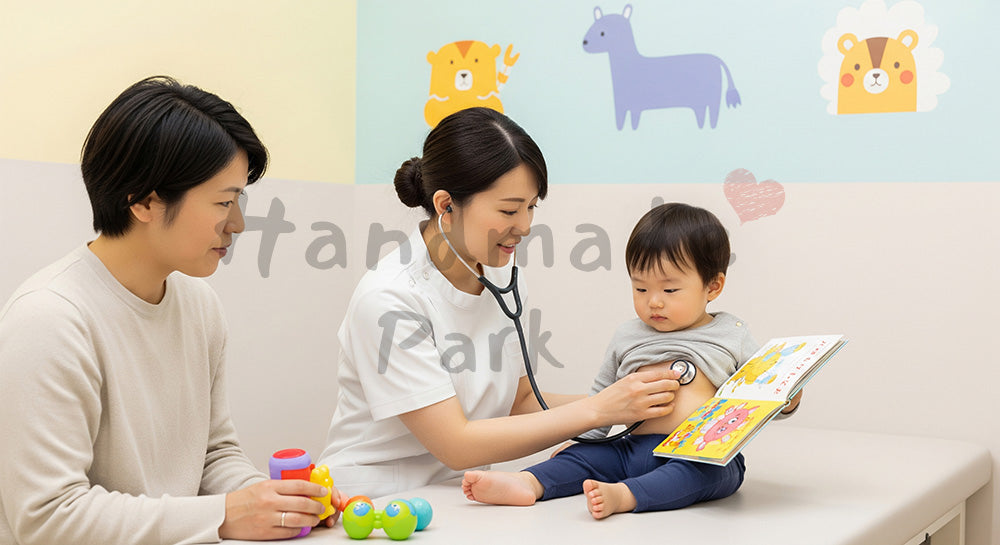 フリー素材 無料 写真|小児科診察室で幼児の緊張を和らげながら診察する日本人小児科医