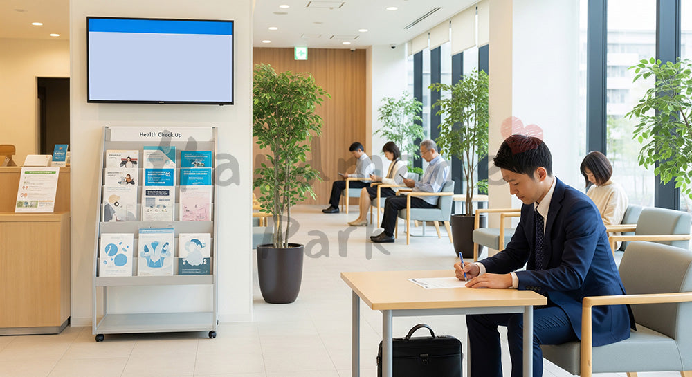 フリー素材 無料 写真|健診センターの待合で問診票を記入する日本人ビジネスパーソン