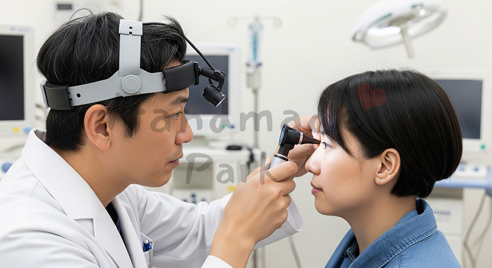 フリー素材 無料 写真|耳鏡とヘッドライトで耳を診察する日本人耳鼻科医 背景素材