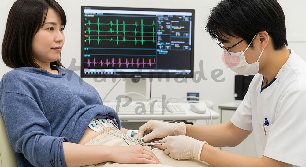 フリー素材 無料 写真|心電図の電極パッドを貼る日本人検査技師と患者 背景素材