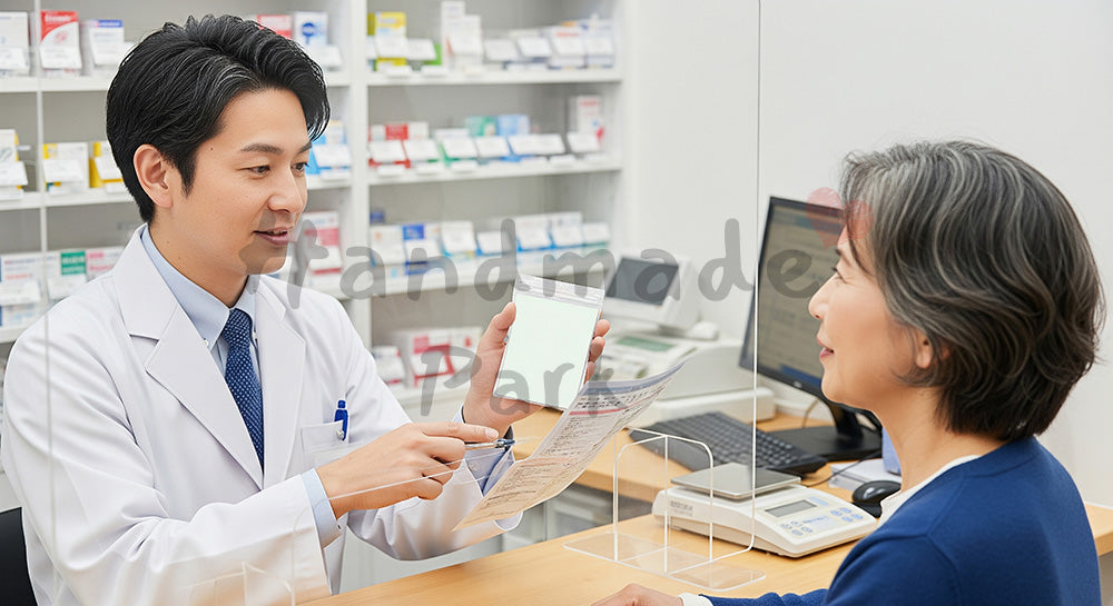 フリー素材 無料 写真|クリニック併設薬局の調剤カウンターで、日本人薬剤師が処方薬の入った袋とお薬説明書を示しながら、患者に服薬方法や注意点を丁寧に説明しているシーン。安心して薬を受け取るイメージを表現。 背景素材