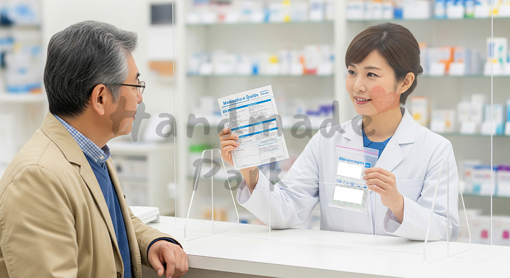 フリー素材 無料 写真|日本人薬剤師が処方薬の入った袋とお薬説明書を示しながらのあるクリニック併設薬局の調剤カウンターで、患者に服薬方法や注意点を丁寧に説明しているシーン。安心して薬を受け取るイメージを表現。