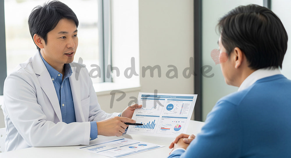 フリー素材 無料 写真|健診結果のグラフを見せながら生活習慣を説明する日本人ドクター 余白あり