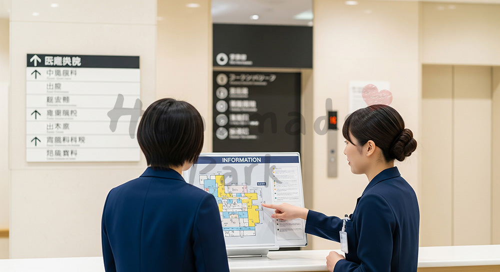 フリー素材 無料 写真|インフォメーションカウンターでフロアマップを案内する日本人スタッフ