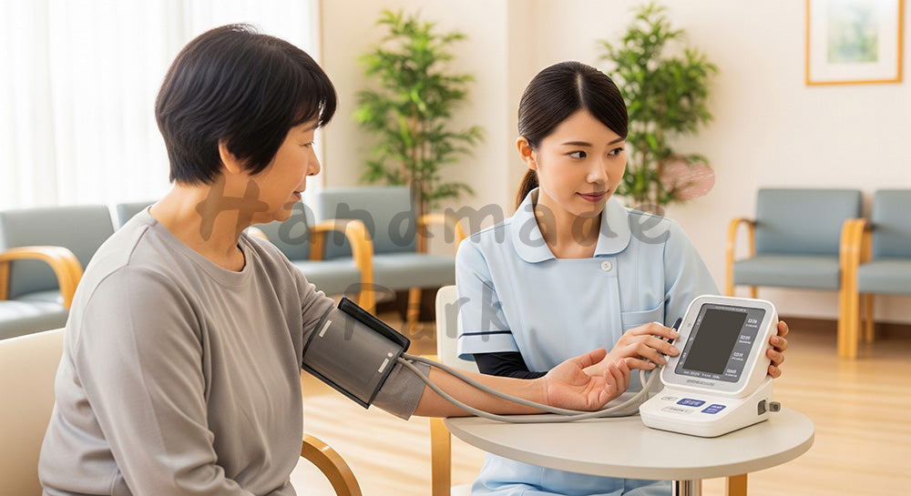 フリー素材 無料 写真|待合室で高齢患者の血圧を測る日本人看護師 写真背景