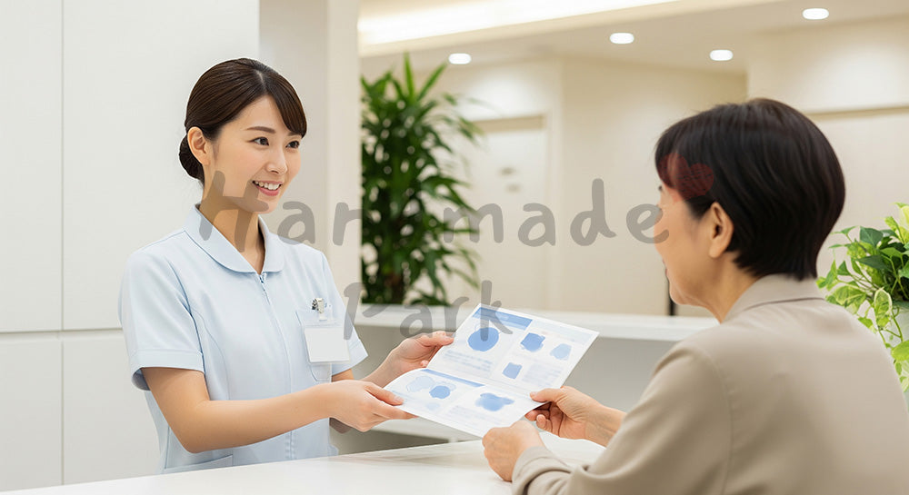 フリー素材 無料 写真|内視鏡検査前にパンフレットで説明を行う日本人看護師と患者 余白あり