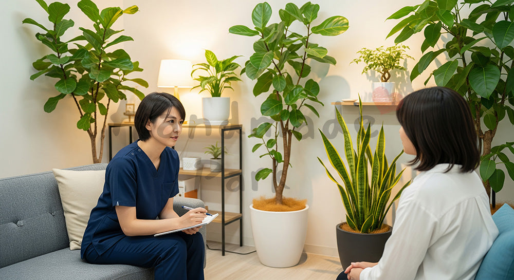 フリー素材 無料 写真|メンタルクリニック風の部屋で傾聴する日本人カウンセラーと患者 余白あり