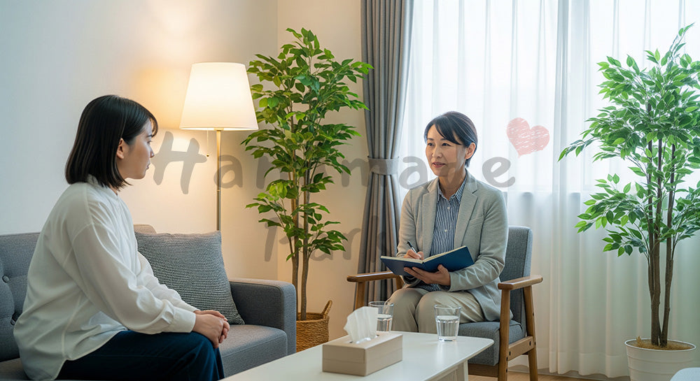 フリー素材 無料 写真|メンタルクリニック風の部屋で傾聴する日本人カウンセラーと患者