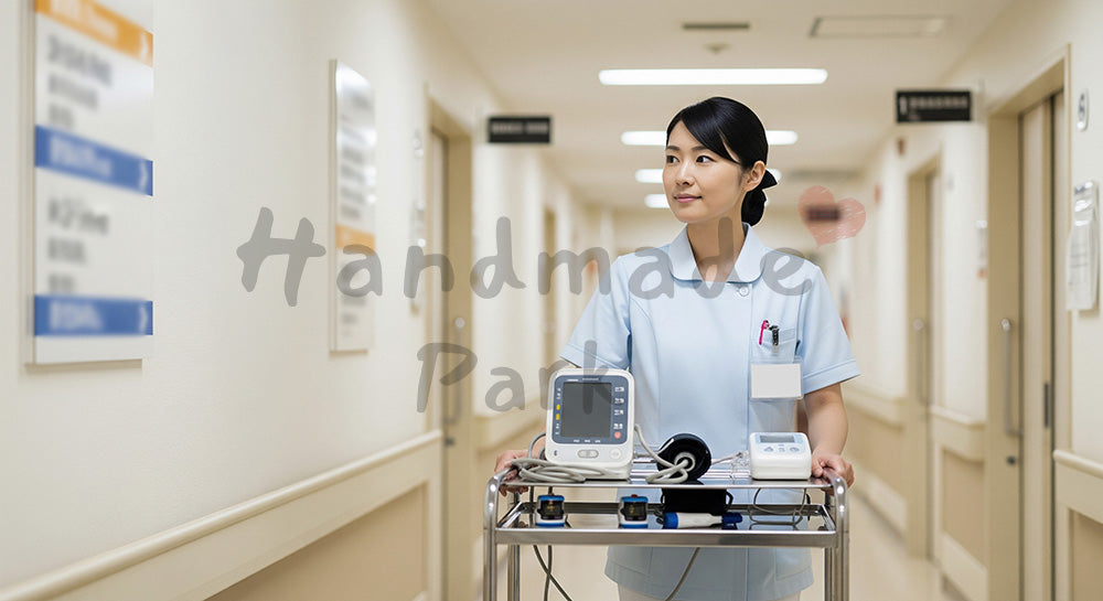 フリー素材 無料 写真|病棟廊下でバイタルチェック用ワゴンを押して歩く日本人看護師 写真背景