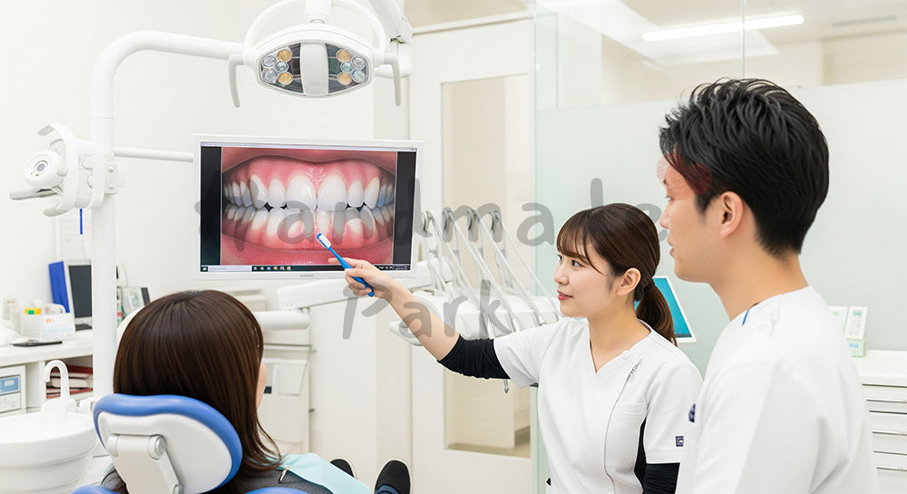 フリー素材 無料 写真|歯科診療室で口腔内写真を使ってブラッシング指導を行う日本人歯科医師と衛生士