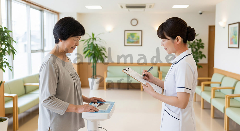 フリー素材 無料 写真|透析前後の体重測定を行う日本人患者と看護師 余白あり