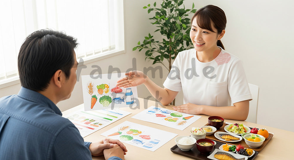 フリー素材 無料 写真|食事バランスガイドを使って栄養指導を行う日本人管理栄養士と患者 余白あり