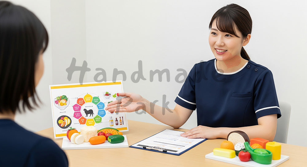 フリー素材 無料 写真|食事バランスガイドを使って栄養指導を行う日本人管理栄養士と患者 背景素材