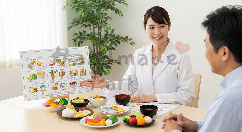 フリー素材 無料 写真|食事バランスガイドを使って栄養指導を行う日本人管理栄養士と患者