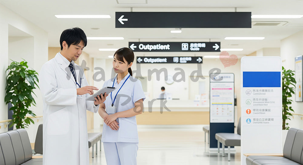 フリー素材 無料 写真|外来受付前の廊下でタブレットを見ながらスケジュール確認をする日本人ドクターと看護師 写真背景